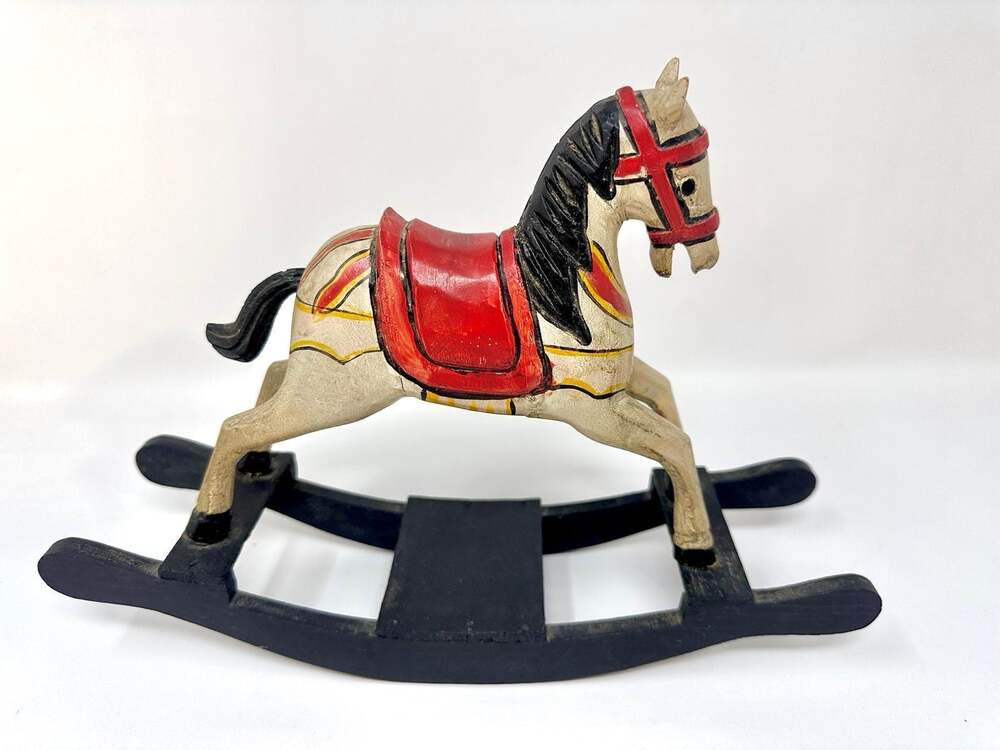 Vintage Wooden Rocking Horse Figurine Folk Art Wood Display Toy or Nursery Decor